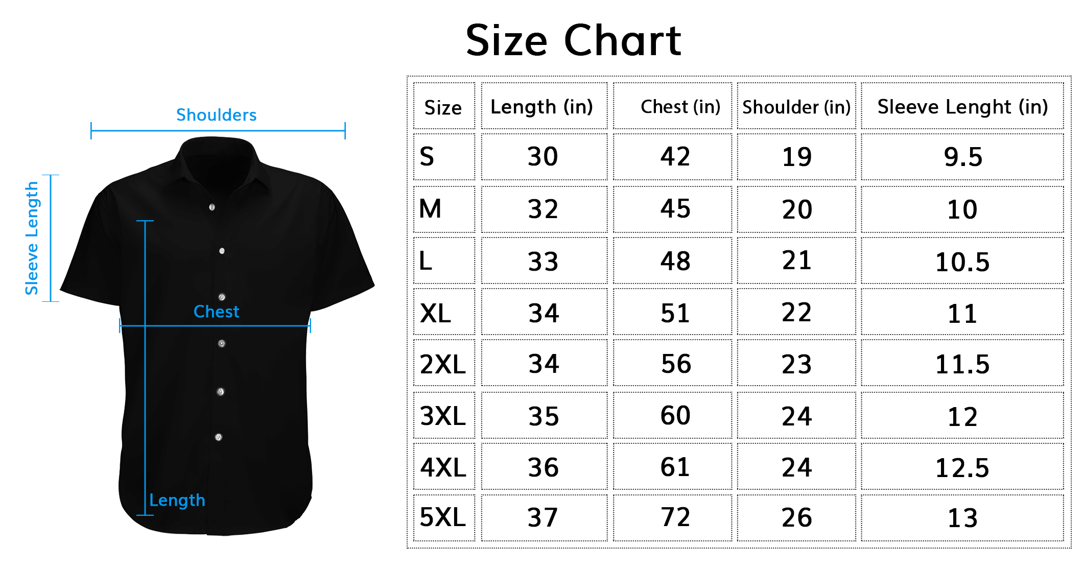 Hawaiian shirt size chart in inches