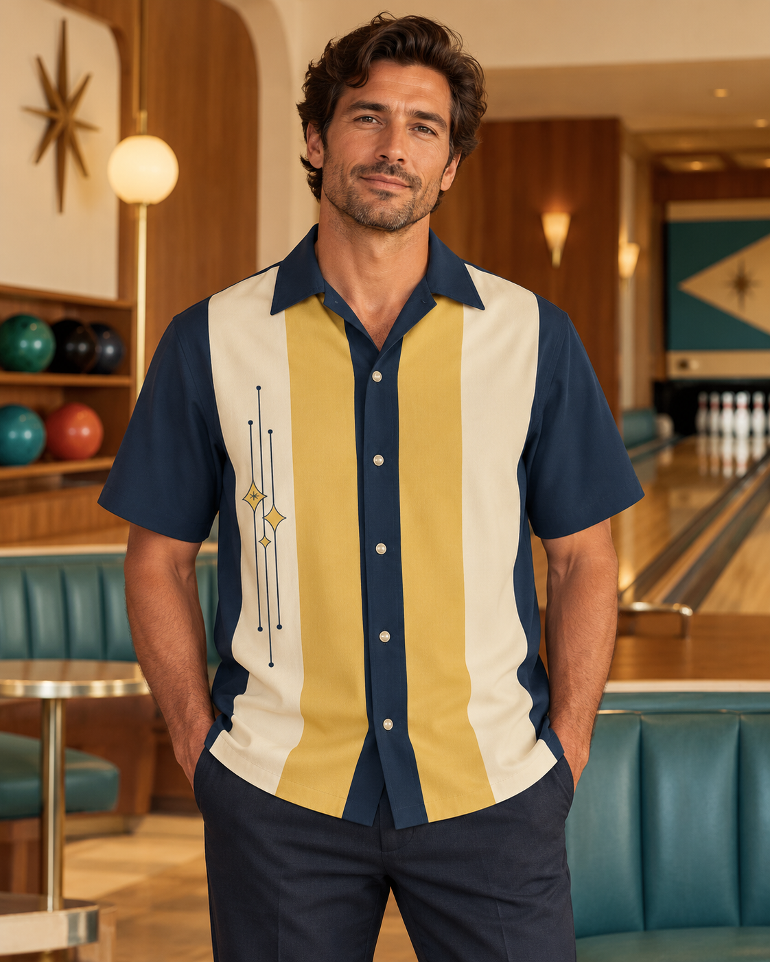 Deva H01 retro bowling shirt with navy, cream and mustard panels