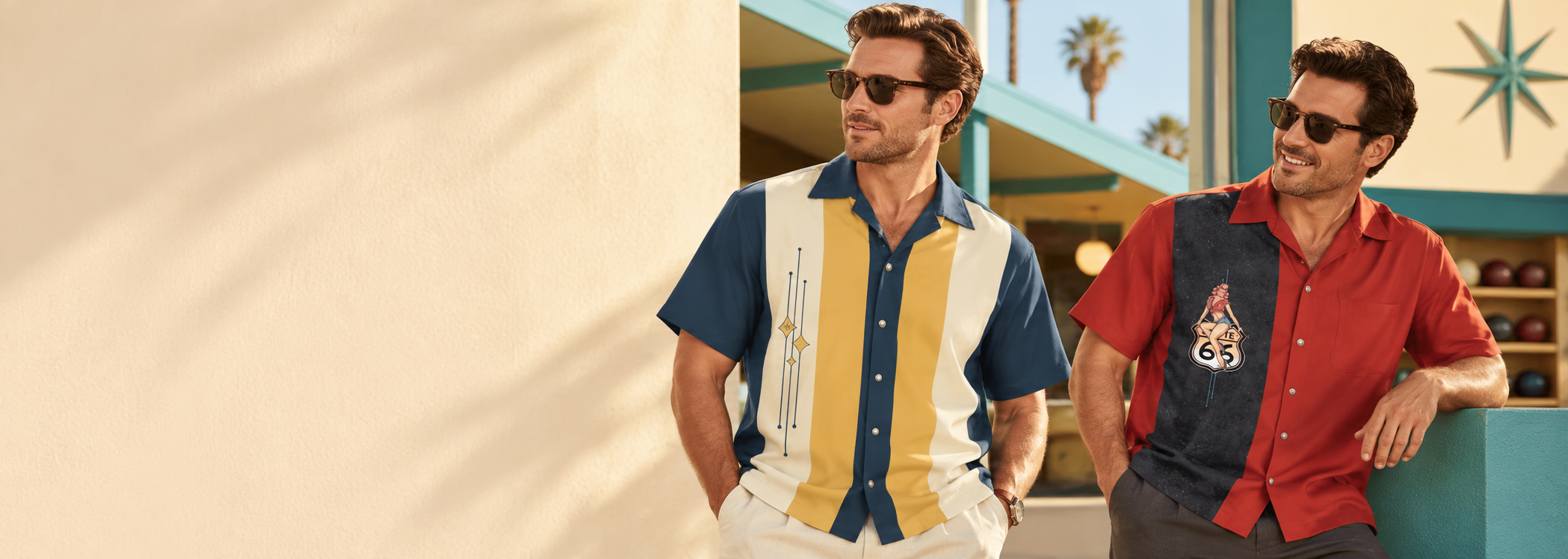 Retro bowling shirts from the Deva collection, styled in a vintage bowling lounge